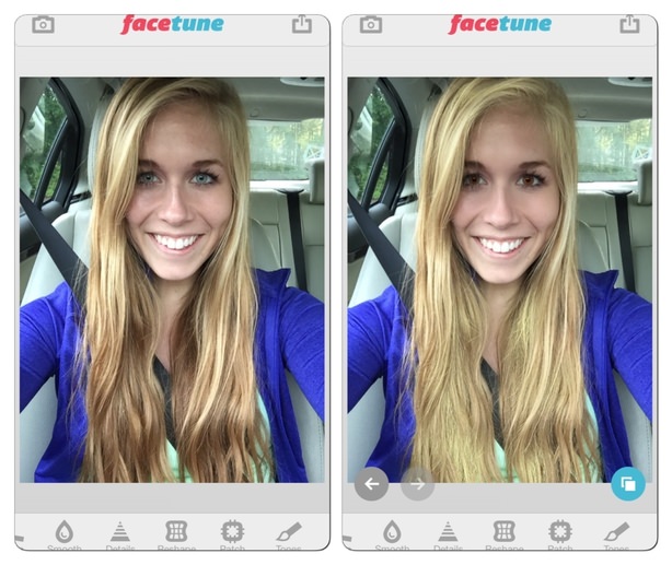 Before (left) and after (right) selfie edited using the facetune app. With new apps like facetune individulas can easily edit their photos before posting them to social media. (Nicole Hale)