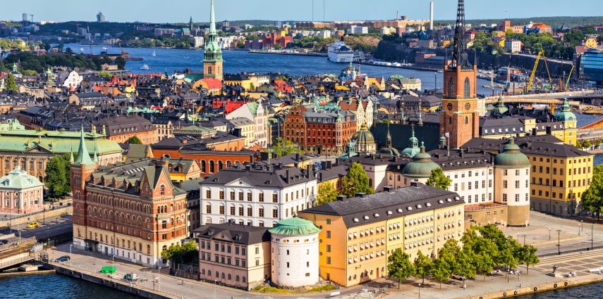 Old Town (Gamla Stan) of Stockholm, Sweden. Aerial view on city skyline on Riddarholmen island